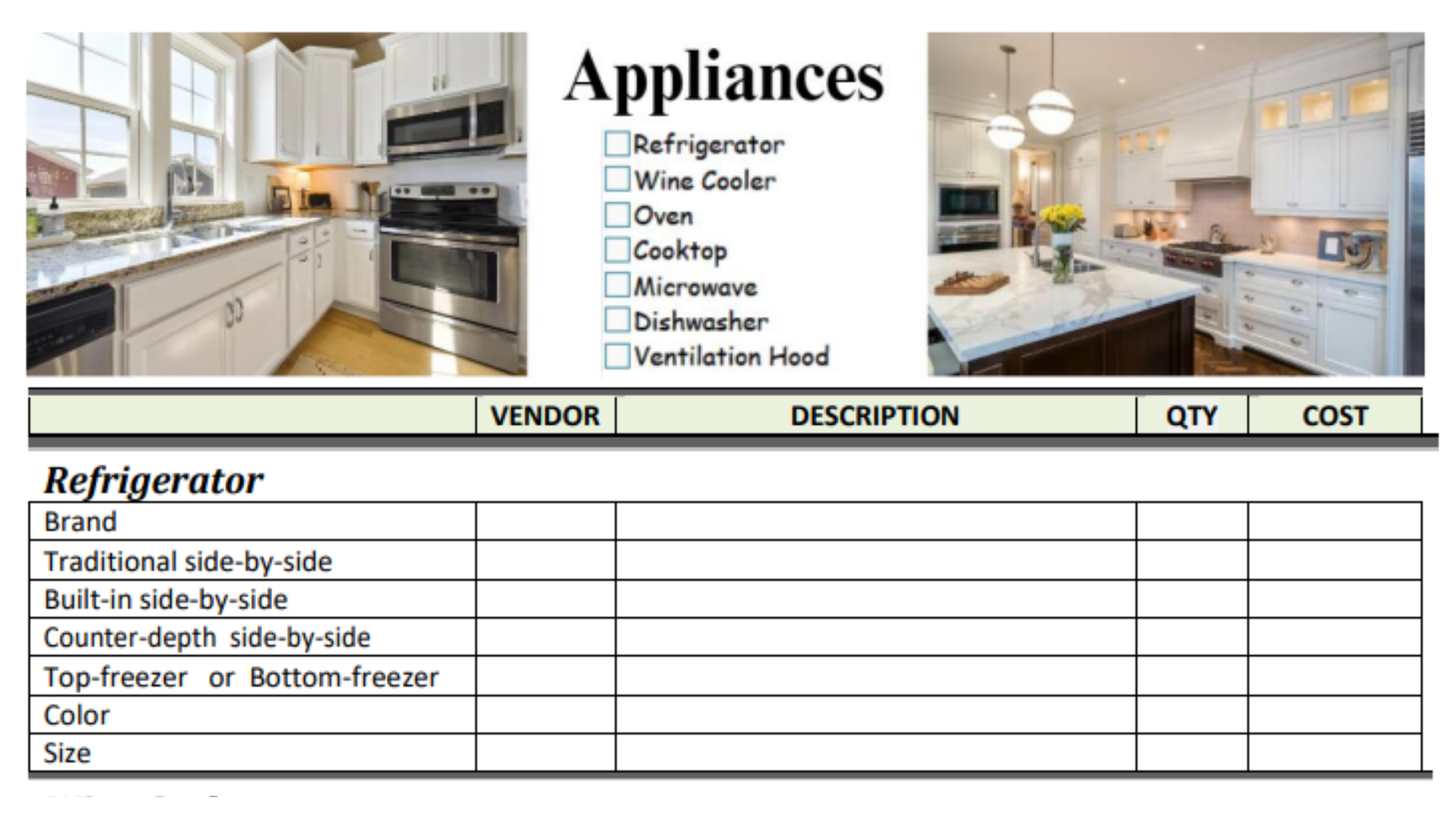 Kitchen Appliance Selection Checklist - Worksheet