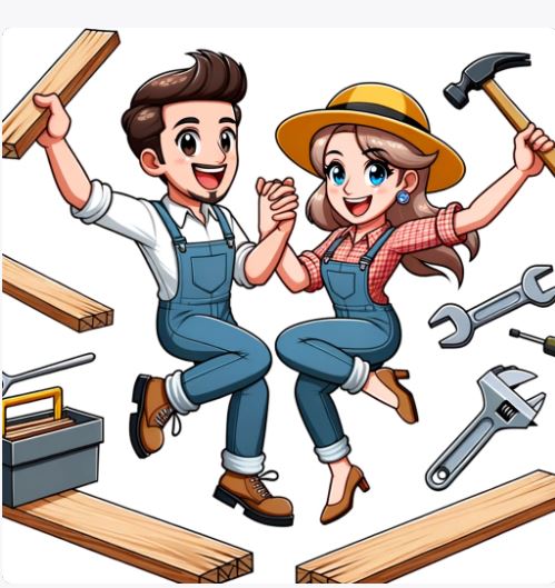 Cartoon of two carpenters dancing.