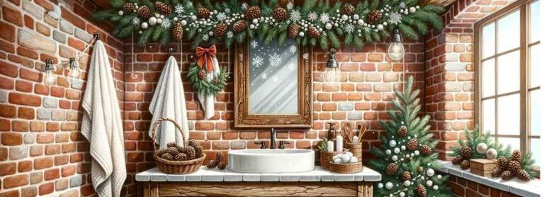 Illustration of a rustic bathroom with brick walls and wooden beams. The room features a Christmas garland draped over the mirror, a basket of pinecones, and a festive rug with snowflake patterns.