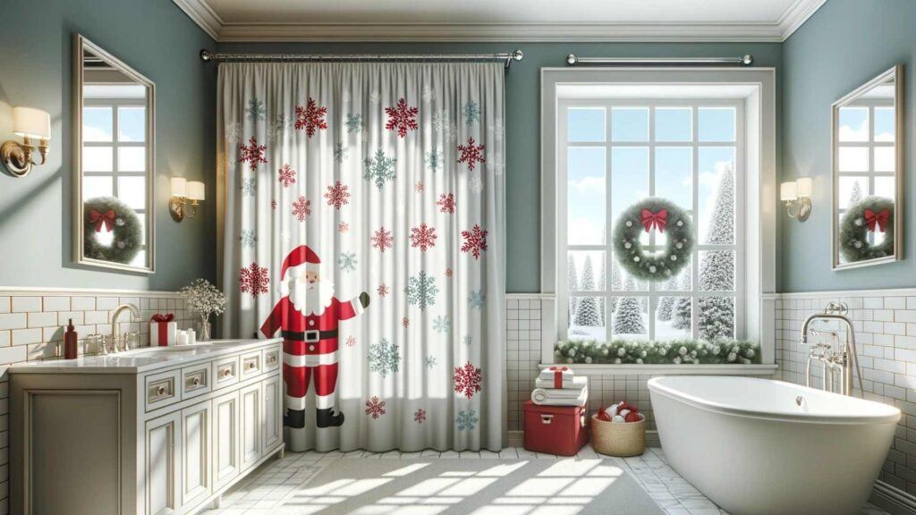 Illustration of a spacious bathroom with large windows. The room is festively decorated with snowflake decals on the windows, a wreath on the door, and a Santa Claus bath curtain.