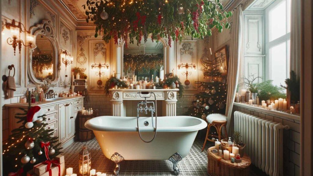 Photo of a vintage-style bathroom with a clawfoot tub. The space is adorned with Christmas lights, mistletoe hanging from the ceiling, and holiday-themed soap dispensers.