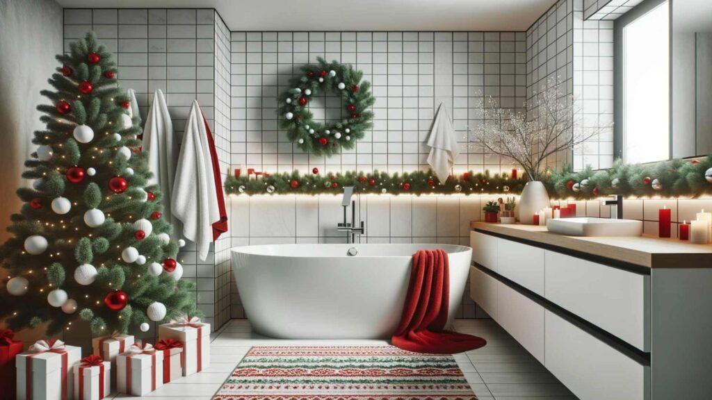 Photo of a modern bathroom with white tiles and a sleek bathtub. The room is decorated for Christmas with red and green towels, festive bath mats, and a small Christmas tree on the countertop.