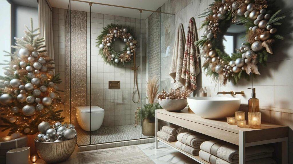 Photo of a spacious bathroom with a glass shower. The room is decked out for Christmas with a wall-mounted wreath, festive patterned towels, and a bowl filled with shiny Christmas balls next to the sink.