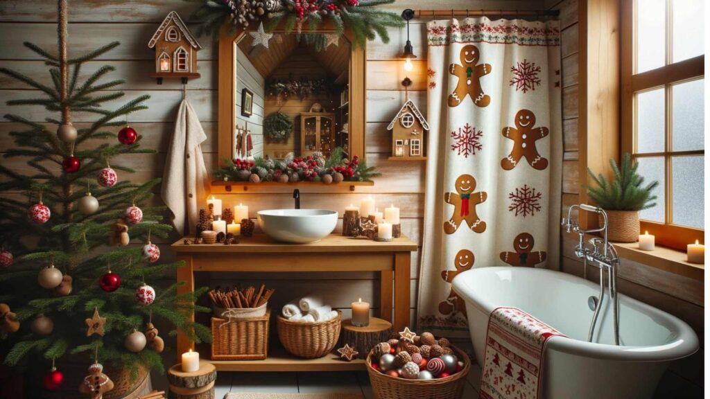 Photo of a cozy cottage bathroom with a wood-framed mirror. The space exudes holiday cheer with a gingerbread man bath curtain, a bowl of Christmas potpourri, and candles with a cinnamon scent.
