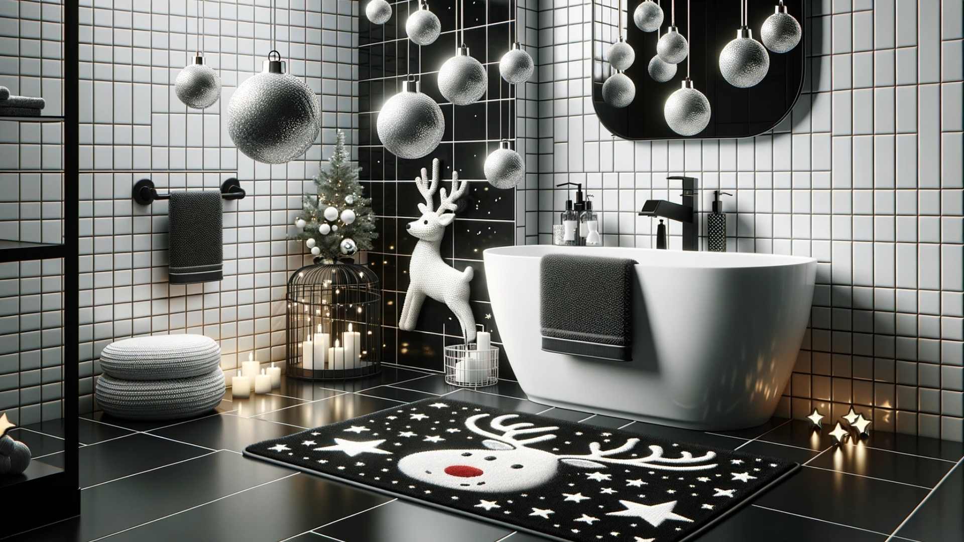 Illustration of a contemporary bathroom with black and white tiles. The room sparkles with hanging Christmas baubles, a reindeer-shaped soap dispenser, and a festive bath mat with stars and bells design.
