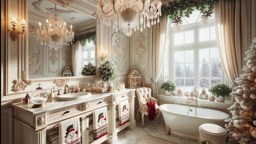 Photo of an elegant bathroom with a chandelier and a large window. The room is festively decorated with Christmas-themed bath towels, a snow globe on the counter, and holly leaves on the window sill.