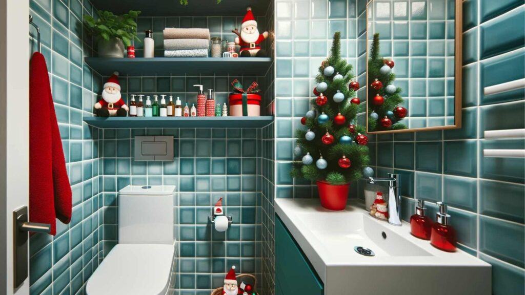 Photo of a compact bathroom with blue tiles. The space is spruced up for the holidays with a mini Christmas tree on the shelf, Santa Claus-themed toiletries, and red and green bath accessories.