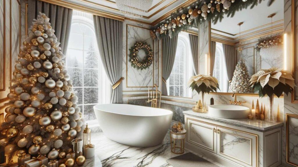 Photo of a luxurious bathroom with marble countertops and a freestanding tub. The room is adorned with gold and silver Christmas ornaments, a poinsettia plant by the window, and a festive shower curtain.