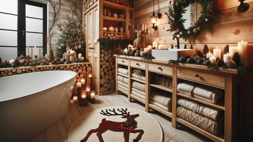 Photo of a cozy bathroom with wooden accents. The room is embellished for Christmas with candles, pinecone decorations, and a reindeer-themed rug in front of the sink.
