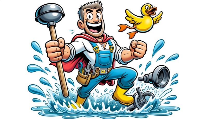 Cartoon illustration of a plumber with a tool belt, holding a plunger like a sword, standing heroically with water splashing around, and a duck floating by. The caption reads, 'Plumber to the rescue!'