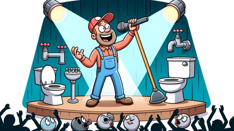 Cartoon depiction of a duo of plumbers, one playing a wrench like a guitar and the other singing with a pipe as a mic stand. They perform on a makeshift stage made of plumbing parts, with a curtain of shower curtains behind them.
