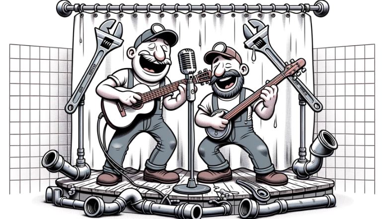 Cartoon depiction of a duo of plumbers, one playing a wrench like a guitar and the other singing with a pipe as a mic stand. They perform on a makeshift stage made of plumbing parts, with a curtain of shower curtains behind them.