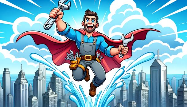 Cartoon illustration of a plumber superhero, wearing a cape and a tool belt, flying in the sky with a wrench in hand. Skyscrapers and clouds form the backdrop, and a burst of water highlights his heroic path.