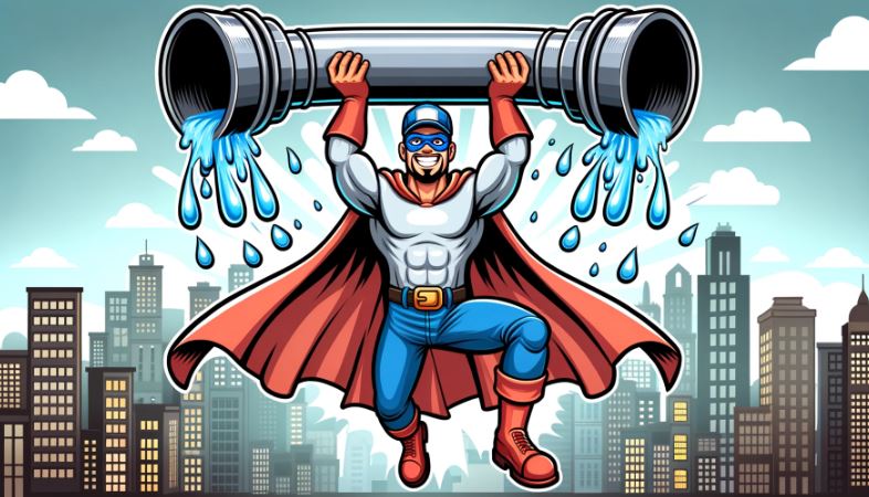 Cartoon depiction of a plumber superhero, wearing a mask and a cape, lifting a massive pipe overhead with super strength. Water droplets and sparks emphasize his powerful presence against a city skyline.