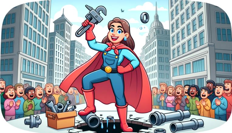 Cartoon illustration of a plumber superheroine, donning a cape and boots, using her superpower to mend broken pipes and faucets with a simple touch. The scene is set in a bustling city square with amazed onlookers.