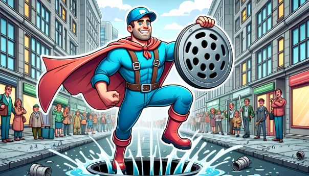 Cartoon illustration of a plumber superhero, equipped with a shield made of a drain cover, deflecting water blasts. The city streets are wet, and citizens look on in awe as he saves the day.