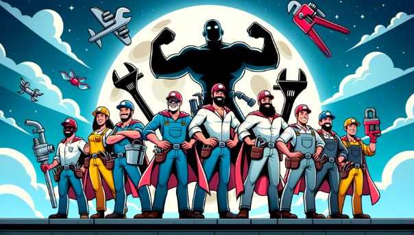 Cartoon illustration of a group of diverse plumber superheroes, each showcasing their unique plumbing-related abilities, gathered on a rooftop. The moon shines brightly behind them, casting an epic silhouette.