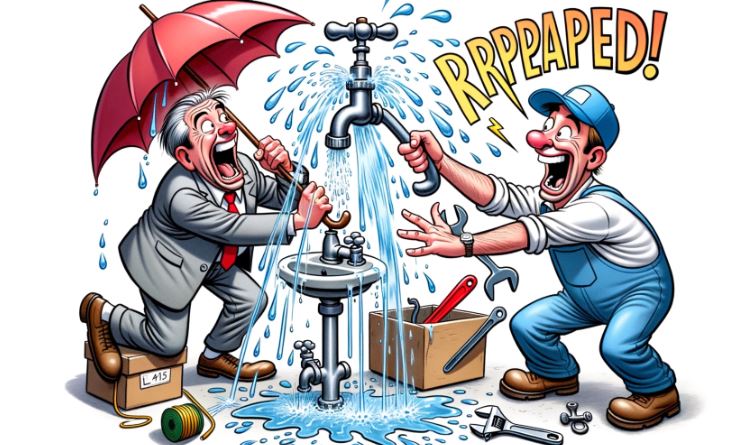 Cartoon depiction of two plumbers, one trying to fix a faucet while water sprays everywhere, and the other holding an umbrella and laughing. The caption reads, 'Always be prepared!'