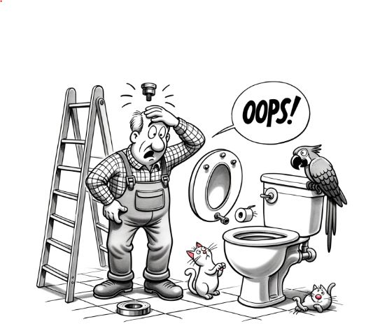 Cartoon drawing of a plumber scratching his head in confusion as he realizes he's installed a toilet upside-down. Nearby, a cat curiously peers into the inverted bowl, while a parrot comments, 'Oops!' from its perch.