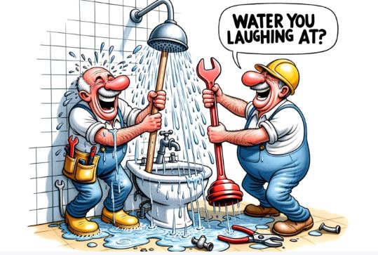 Cartoon depiction of two plumbers, one holding a plunger and the other with a wrench, trying to fix a shower but getting drenched in the process. They both chuckle, and the caption says, 'Water you laughing at?'