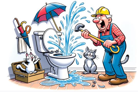 Cartoon illustration of a plumber getting a surprise as a fountain of water shoots up from a toilet he's fixing. Nearby, a cat with an umbrella smirks, and the caption reads, 'Unexpected geysers!'