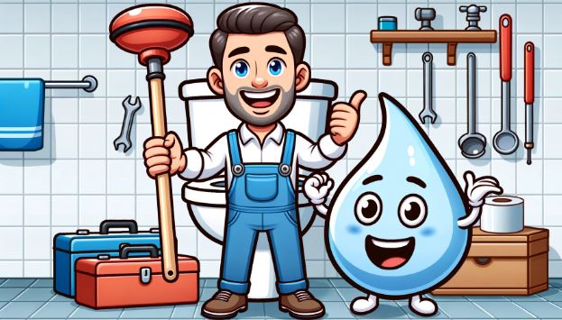 Cartoon illustration of a plumber holding a plunger and laughing, with a playful water droplet character beside him making a funny face. The background shows a typical bathroom setting with tools scattered around.