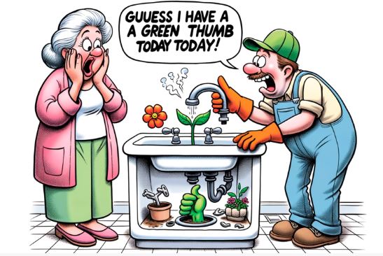 Cartoon drawing of a plumber trying to fix a sink, but instead, a flower sprouts out from the faucet. A surprised homeowner looks on, and the caption reads, 'Guess I have a green thumb today!'