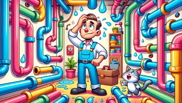 Cartoon illustration of a plumber scratching his head in confusion as he looks at a maze of colorful pipes. A cat playfully chases water droplets, and the scene is set in a vibrant, fun-filled basement.