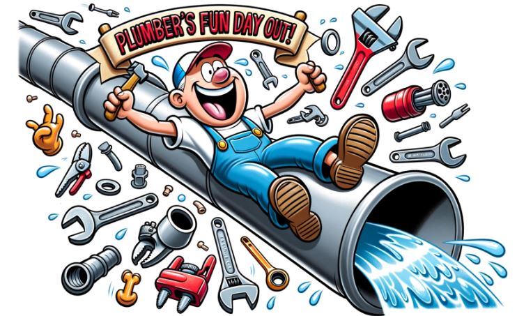 Comic of Plumber sliding down a pipe.