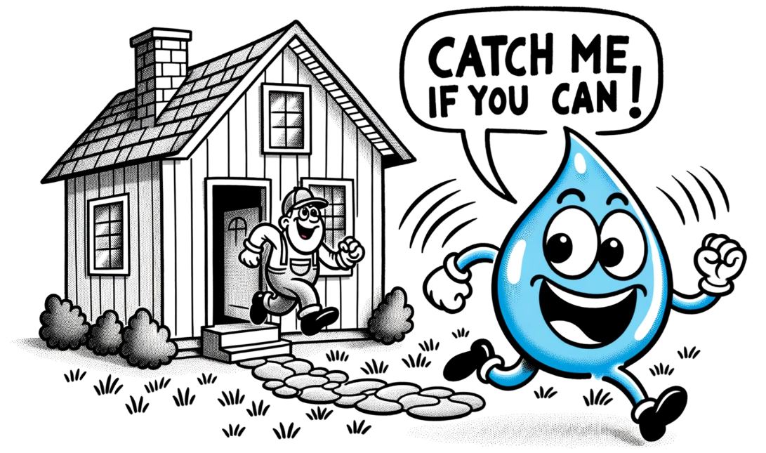 Cartoon illustration of a plumber chasing after a mischievous leak, depicted as a water droplet with eyes and legs, around a house. The caption reads, 'Catch me if you can!'