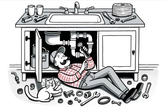 Cartoon drawing of a plumber lying on the floor, peering under a sink cabinet with a flashlight, as he tries to fix a faucet above. Nearby, a cat plays with some loose plumbing parts.