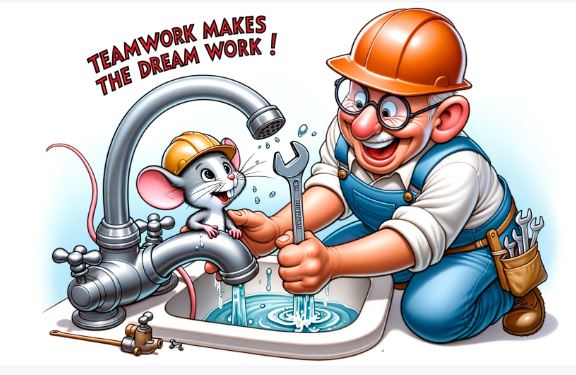 Cartoon depiction of a plumber and a small mouse both wearing hard hats, collaboratively working to fix a leaky sink faucet. The mouse holds a tiny wrench, and the caption reads, 'Teamwork makes the dream work!'