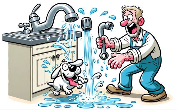 Cartoon illustration of a plumber struggling with a mischievous sink faucet that sprays water in unexpected directions. A soaked dog nearby shakes off the water, creating a puddle on the floor.