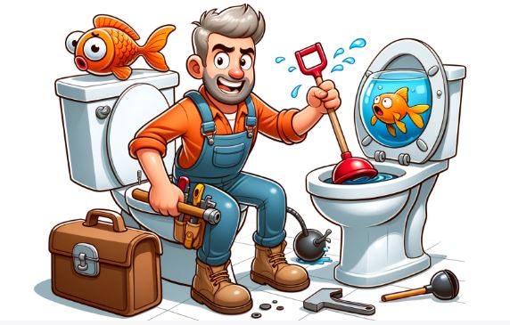 Cartoon illustration of a plumber, equipped with a tool belt and plunger, working diligently on fixing a clogged toilet. Nearby, a goldfish in a fishbowl watches with curiosity.