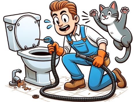 Cartoon illustration of a plumber kneeled down, using a snake tool to unclog a toilet. Behind him, a playful cat bats at the tool, creating a humorous scene.