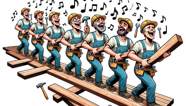 Comic group of carpenters singing.