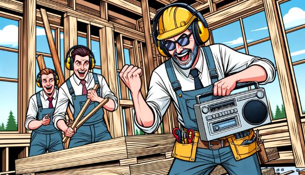 Comic of carpenters singing with a boom box.