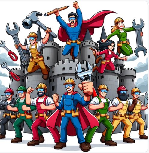 Comic illustration of carpenters as super hero