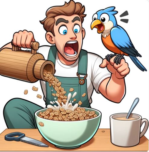 Funny comic of carpenter eating cereal with a bird on his hand.