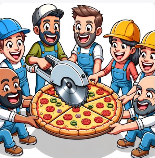 Comic illustration of carpenters eating a pizza.